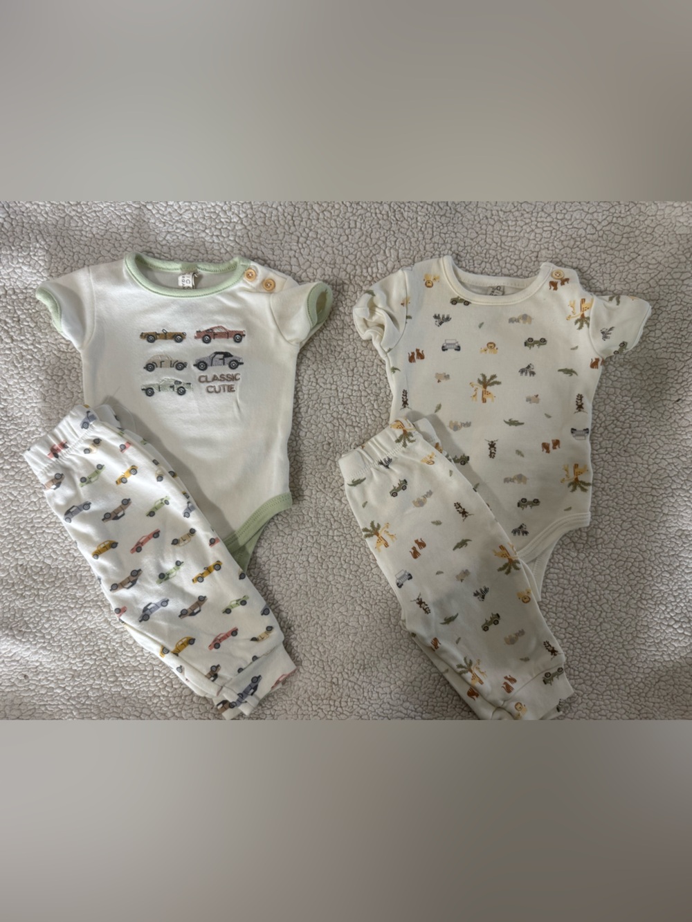 Chickpea Baby Two-Piece Matching Sets in White with Green Trim and Car Prints